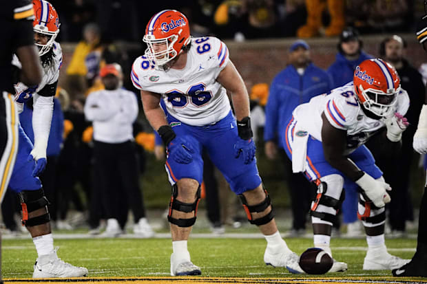 Florida offensive lineman Jake Slaughter at the line of scrimmage against the Missouri Tigers.