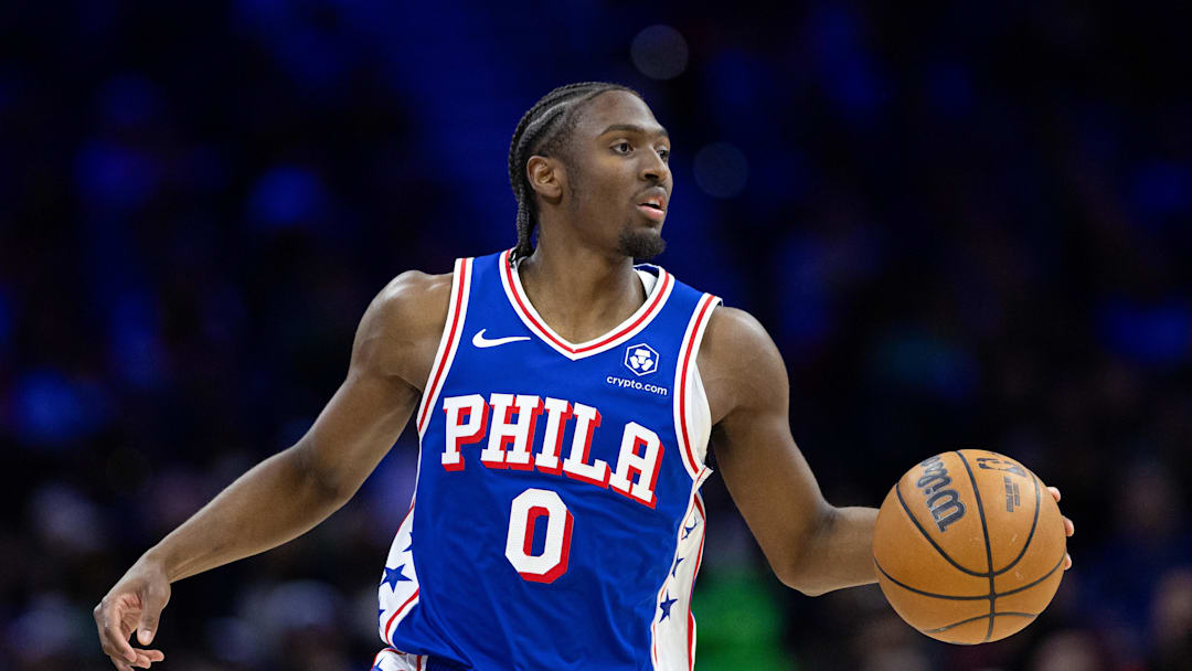 Feb 20, 2025; Philadelphia, Pennsylvania, USA; Philadelphia 76ers guard Tyrese Maxey (0) controls the ball against the Boston Celtics during the third quarter at Wells Fargo Center. Mandatory Credit: Bill Streicher-Imagn Images Feb 20, 2025; Philadelphia, Pennsylvania, USA; Philadelphia 76ers guard Tyrese Maxey (0) controls the ball against the Boston Celtics during the third quarter at Wells Fargo Center. Mandatory Credit: Bill Streicher-Imagn Images