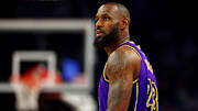 Oct 28, 2024; Phoenix, Arizona, USA; Los Angeles Lakers forward LeBron James (23) looks on during the first quarter against the Phoenix Suns at Footprint Center. Mandatory Credit: Mark J. Rebilas-Imagn Images