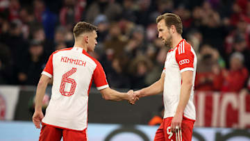 Bayern Munich stars Joshua Kimmich and Harry Kane during the win over Lazio in March