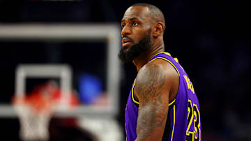 Oct 28, 2024; Phoenix, Arizona, USA; Los Angeles Lakers forward LeBron James (23) looks on during the first quarter against the Phoenix Suns at Footprint Center. Mandatory Credit: Mark J. Rebilas-Imagn Images