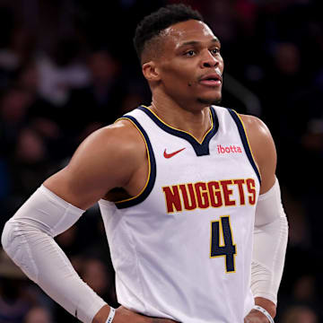 Jan 29, 2025; New York, New York, USA; Denver Nuggets guard Russell Westbrook (4) reacts during the first quarter against the New York Knicks at Madison Square Garden. Mandatory Credit: Brad Penner-Imagn Images