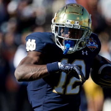 Notre Dame's Jeremiyah Love (12) at the 90th Sun Bowl game against Oregon State in El Paso, Texas Friday, Dec. 29, 2023.