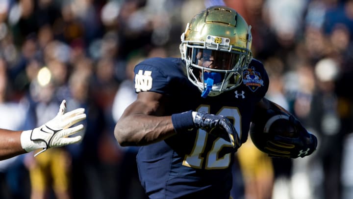 Notre Dame's Jeremiyah Love (12) at the 90th Sun Bowl game against Oregon State in El Paso, Texas Friday, Dec. 29, 2023.