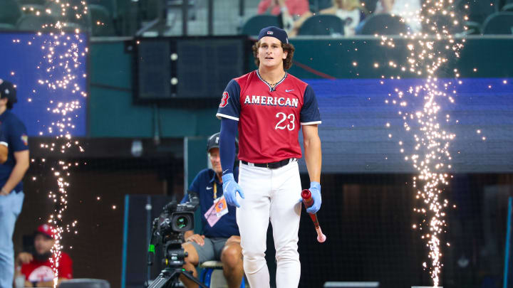 Jul 13, 2024; Arlington, TX, USA;  American League Future  outfielder Roman Anthony (23) reacts after hitting a home run during the Futures Skills Showcase at Globe Life Field.  Mandatory Credit: Kevin Jairaj-USA TODAY Sports