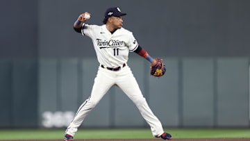 Oct 11, 2023; Minneapolis, Minnesota, USA; Minnesota Twins second baseman Jorge Polanco (11) throws to first for an out in the eighth inning against the Houston Astros during game four of the ALDS for the 2023 MLB playoffs at Target Field. Mandatory Credit: Jesse Johnson-Imagn Images