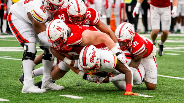 Maryland Terrapins running back Antwain Littleton II is stopped short of a first down on a fourth down play by Nebraska.