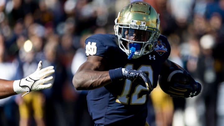 Notre Dame's Jeremiyah Love (12) at the 90th Sun Bowl game against Oregon State in El Paso, Texas Friday, Dec. 29, 2023.