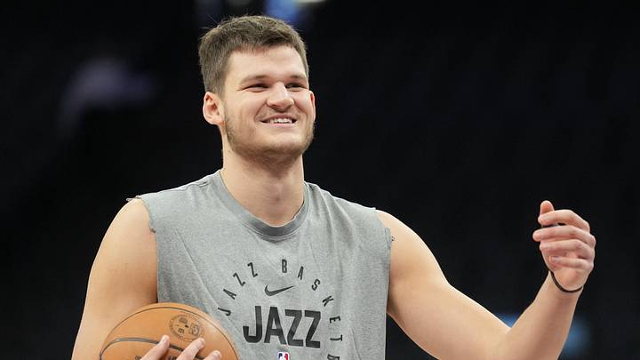 Dec 8, 2024; Sacramento, California, USA; Utah Jazz center Walker Kessler (24) before the game against the Sacramento Kings at Golden 1 Center. Mandatory Credit: Darren Yamashita-Imagn Images