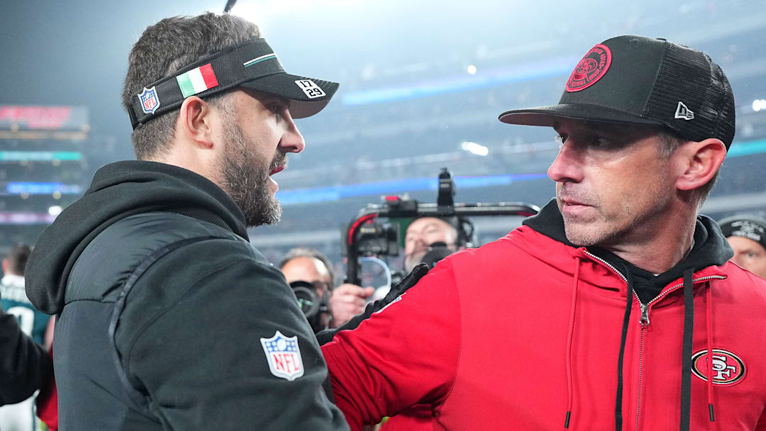 San Francisco 49ers head coach Kyle Shanahan (R) and Philadelphia Eagles head coach Nick Sirianni (L) San Francisco 49ers head coach Kyle Shanahan (R) and Philadelphia Eagles head coach Nick Sirianni (L)
