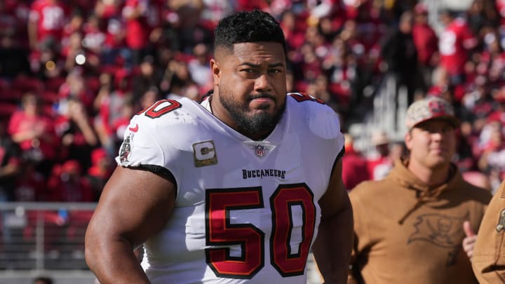 Nov 19, 2023; Santa Clara, California, USA; Tampa Bay Buccaneers defensive tackle Vita Vea (50) before the game against the San Francisco 49ers at Levi's Stadium. Mandatory Credit: Darren Yamashita-USA TODAY Sports