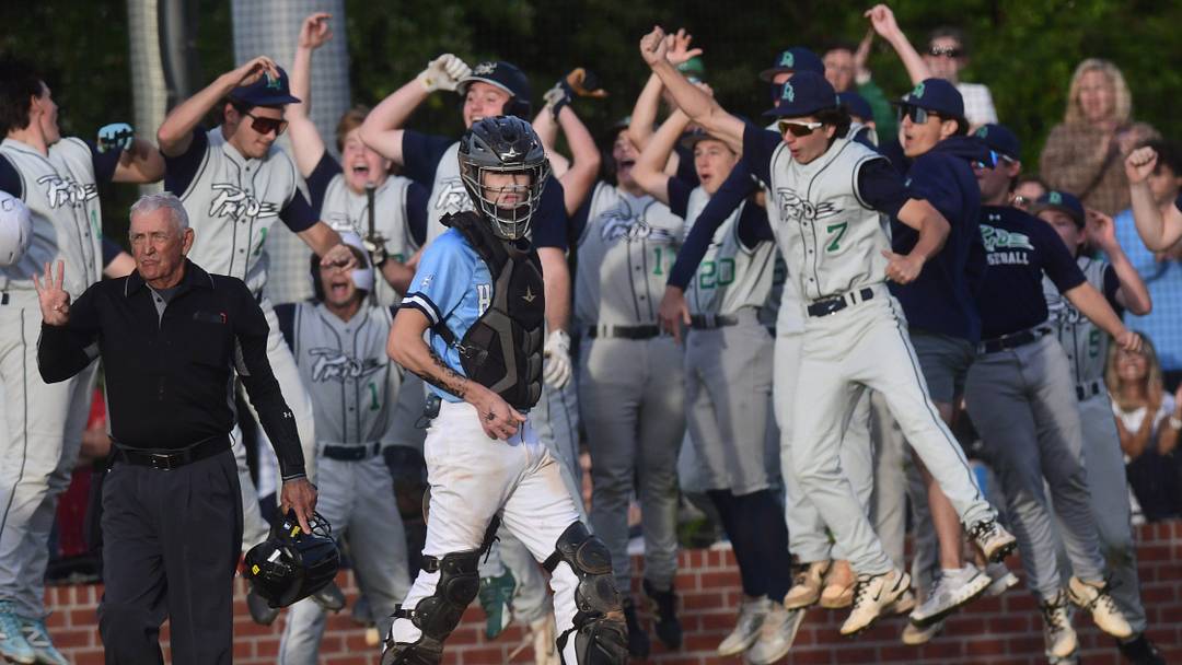 Hoggard's catcher #10 Ryan Bowden looks back to the dugout after Leesville Roads #14 Max Blumberg hit a home run in the beginning of the game May 12, 2026. Hoggard lost 7-1.