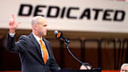 New Oklahoma State University head men's basketball coach Steve Lutz speaks during an introduction