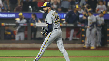 Jun 29, 2023; New York City, New York, USA; Milwaukee Brewers relief pitcher Devin Williams (38) reacts after losing the game against the New York Mets at Citi Field. Mandatory Credit: Vincent Carchietta-USA TODAY Sports