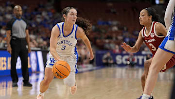 Mar 7, 2025; Greenville, SC, USA; Kentucky Wildcats guard Georgia Amoore (3) goes to the basket against the Oklahoma Sooners during the second half at Bon Secours Wellness Arena. Mandatory Credit: Jim Dedmon-Imagn Images