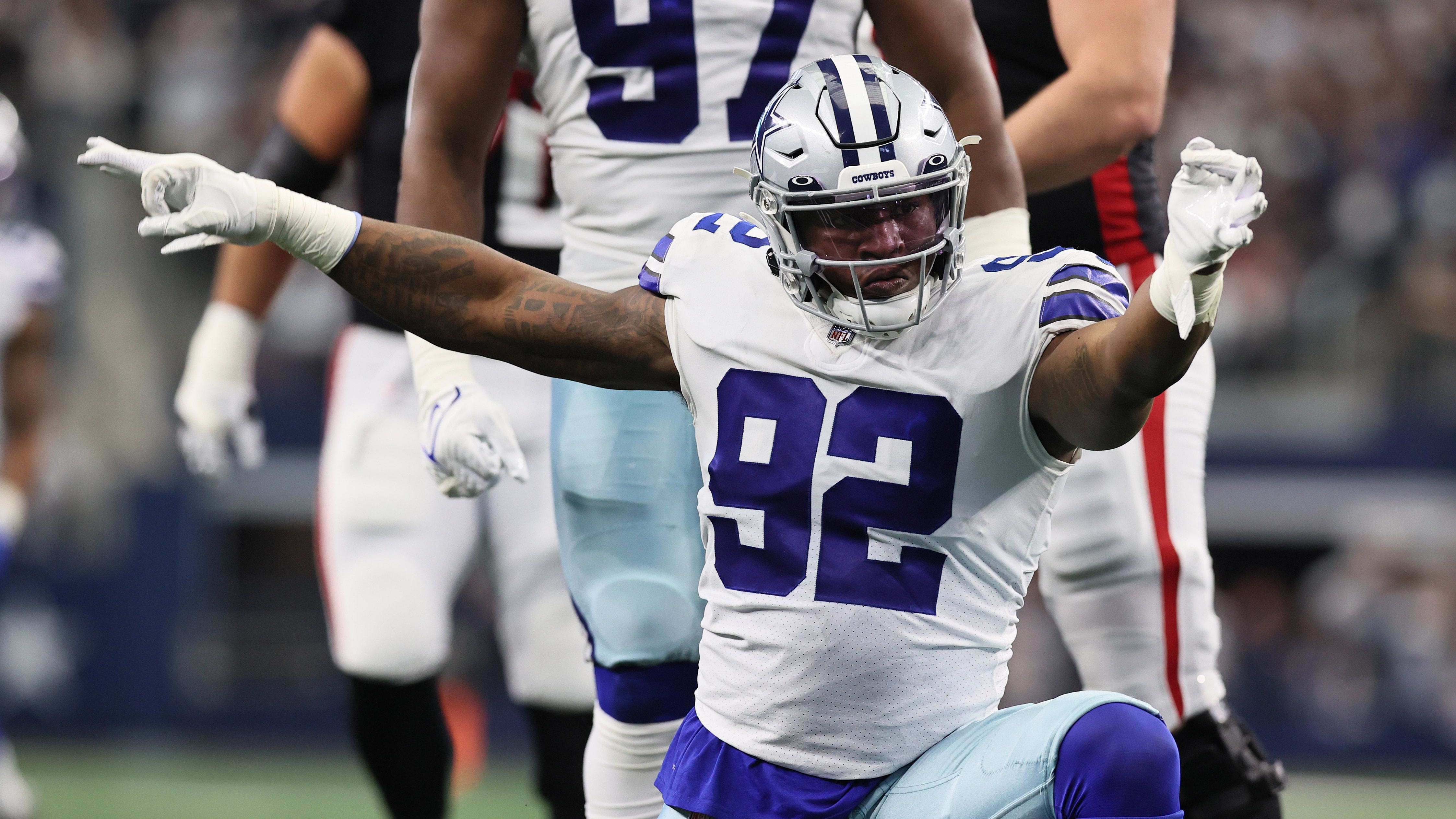 Nov 14, 2021; Arlington, Texas, USA; Dallas Cowboys defensive end Dorance Armstrong (92) celebrates.