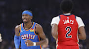 Nov 2, 2025; Oklahoma City, Oklahoma, USA; Oklahoma City Thunder guard Shai Gilgeous-Alexander (2) smiles after a defensive play against the New Orleans Pelicans during the first quarter at Paycom Center. Mandatory Credit: Alonzo Adams-Imagn Images