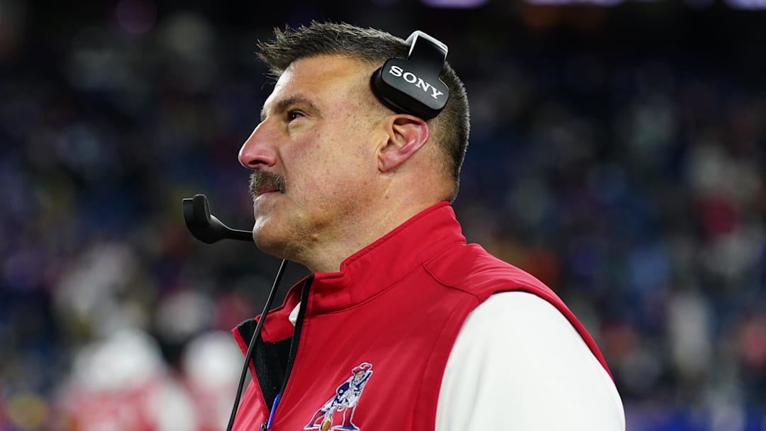 Dec 1, 2025; Foxborough, Massachusetts, USA; New England Patriots head coach Mike Vrabel watches from the sideline during the fourth quarter against the New York Giants at Gillette Stadium. Mandatory Credit: David Butler II-Imagn Images