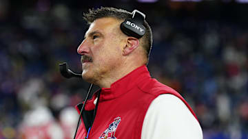 Dec 1, 2025; Foxborough, Massachusetts, USA; New England Patriots head coach Mike Vrabel watches from the sideline during the fourth quarter against the New York Giants at Gillette Stadium. Mandatory Credit: David Butler II-Imagn Images