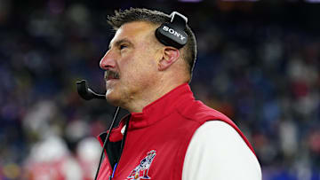 Dec 1, 2025; Foxborough, Massachusetts, USA; New England Patriots head coach Mike Vrabel watches from the sideline during the fourth quarter against the New York Giants at Gillette Stadium. Mandatory Credit: David Butler II-Imagn Images