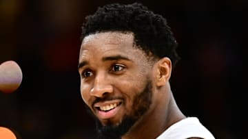 Cleveland Cavaliers guard Donovan Mitchell reacts after a three point basket against the Los Angeles Clippers.