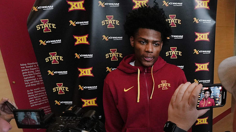 Iowa State men’s basketball player Dominick Nelson talks to media in June.
