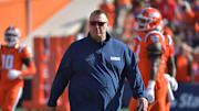 Oct 11, 2025; Champaign, Illinois, USA; Illinois Fighting Illini head coach Bret Bielema during warmups prior to a game against the Ohio State Buckeyes at Memorial Stadium. Mandatory Credit: Ron Johnson-Imagn Images