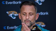 Jacksonville Jaguars Defensive Coordinator Anthony Campanile answers questions about a scuffle during practice between players after the Jaguars 14th NFL training camp session at Miller Electric Center Tuesday August 12, 2025 in Jacksonville, Fla. The Jaguars travel to New Orleans to play the Saints this Sunday in their second preseason game. [Doug Engle/Florida Times-Union]