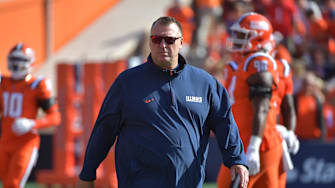 Oct 11, 2025; Champaign, Illinois, USA; Illinois Fighting Illini head coach Bret Bielema during warmups prior to a game against the Ohio State Buckeyes at Memorial Stadium. Mandatory Credit: Ron Johnson-Imagn Images