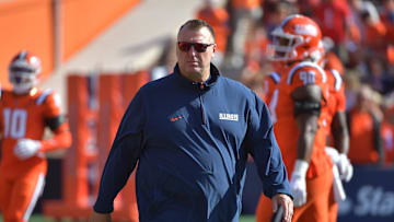 Oct 11, 2025; Champaign, Illinois, USA; Illinois Fighting Illini head coach Bret Bielema during warmups prior to a game against the Ohio State Buckeyes at Memorial Stadium. Mandatory Credit: Ron Johnson-Imagn Images