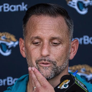 Jacksonville Jaguars Defensive Coordinator Anthony Campanile answers questions about a scuffle during practice between players after the Jaguars 14th NFL training camp session at Miller Electric Center Tuesday August 12, 2025 in Jacksonville, Fla. The Jaguars travel to New Orleans to play the Saints this Sunday in their second preseason game. [Doug Engle/Florida Times-Union]