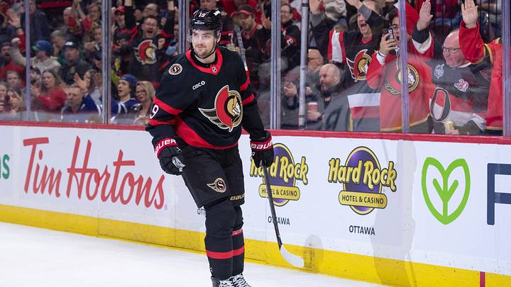 Apr 15, 2026; Ottawa, Ontario, CAN; Ottawa Senators right wing Drake Batherson (19) celebrates his goal scored in the first period against the Toronto Maple Leafs at the Canadian Tire Centre. Mandatory Credit: Marc DesRosiers-IMAGN Images
