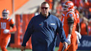 Oct 11, 2025; Champaign, Illinois, USA; Illinois Fighting Illini head coach Bret Bielema during warmups prior to a game against the Ohio State Buckeyes at Memorial Stadium. Mandatory Credit: Ron Johnson-Imagn Images
