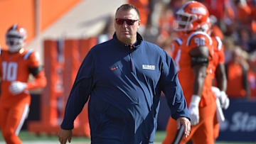 Oct 11, 2025; Champaign, Illinois, USA; Illinois Fighting Illini head coach Bret Bielema during warmups prior to a game against the Ohio State Buckeyes at Memorial Stadium. Mandatory Credit: Ron Johnson-Imagn Images