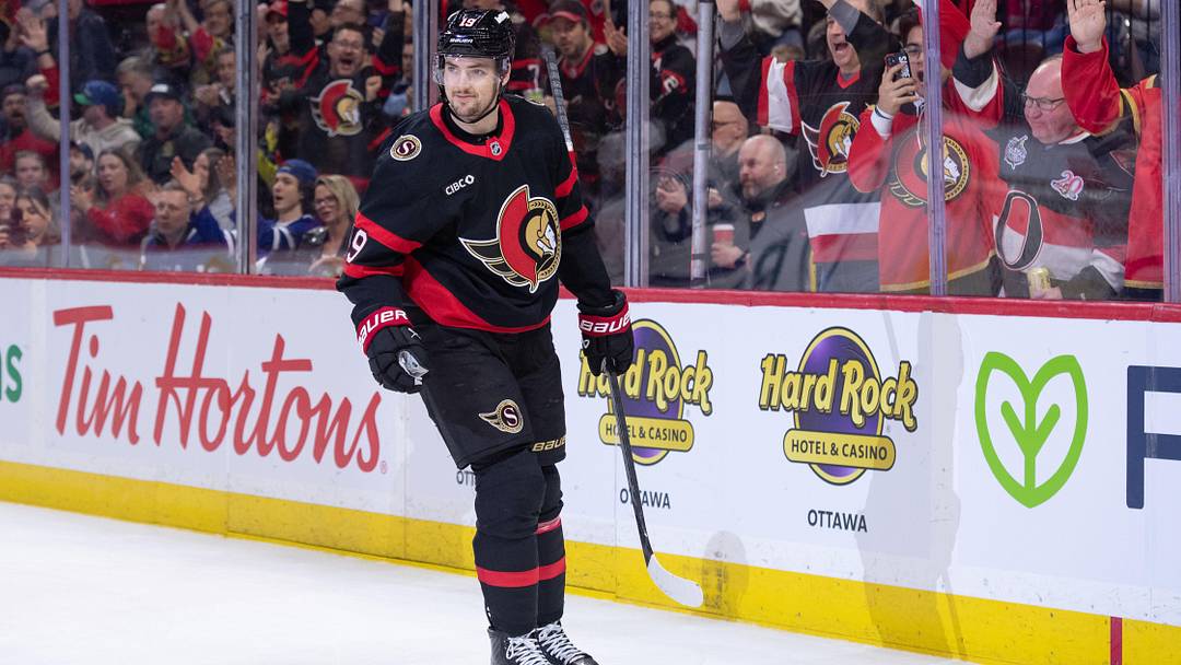 Apr 15, 2026; Ottawa, Ontario, CAN; Ottawa Senators right wing Drake Batherson (19) celebrates his goal scored in the first period against the   Toronto Maple Leafs at the Canadian Tire Centre. Mandatory Credit: Marc DesRosiers-IMAGN Images