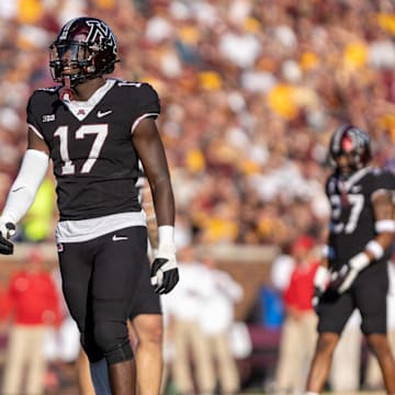 Oct 29, 2022; Minneapolis, Minnesota, USA; Minnesota Golden Gophers defensive lineman Jah Joyner (17) in action against the Rutgers Scarlet Knights in the fourth quarter at Huntington Bank Stadium. Mandatory Credit: Matt Blewett-Imagn Images
