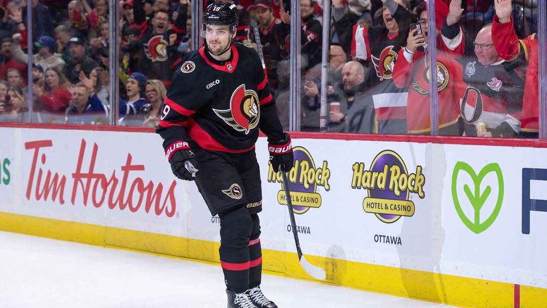 Apr 15, 2026; Ottawa, Ontario, CAN; Ottawa Senators right wing Drake Batherson (19) celebrates his goal scored in the first period against the Toronto Maple Leafs at the Canadian Tire Centre. Mandatory Credit: Marc DesRosiers-IMAGN Images