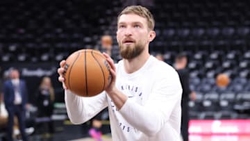 Oct 29, 2024; Salt Lake City, Utah, USA; Sacramento Kings forward Domantas Sabonis (11) warms up before the game against the Utah Jazz at Delta Center. Mandatory Credit: Rob Gray-Imagn Images