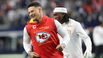 Nov 27, 2025; Arlington, Texas, USA; Kansas City Chiefs quarterback Patrick Mahomes (15) warms up prior to the game against the Dallas Cowboys at AT&T Stadium. Mandatory Credit: Kevin Jairaj-Imagn Images