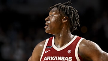 Feb 15, 2025; College Station, Texas, USA; Arkansas Razorbacks forward Adou Thiero (3) looks on in the second half against the Texas A&M Aggies at Reed Arena. Mandatory Credit: Maria Lysaker-Imagn Images 