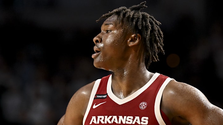 Feb 15, 2025; College Station, Texas, USA; Arkansas Razorbacks forward Adou Thiero (3) looks on in the second half against the Texas A&M Aggies at Reed Arena. Mandatory Credit: Maria Lysaker-Imagn Images 
