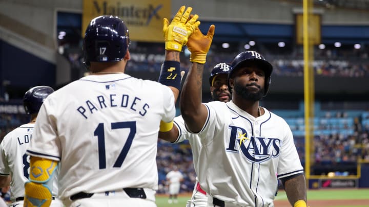 Tampa Bay Rays third baseman Isaac Paredes (17) congratulates outfielder Randy Arozarena after hitting a two-run home run against the New York Yankees at Tropicana Field.