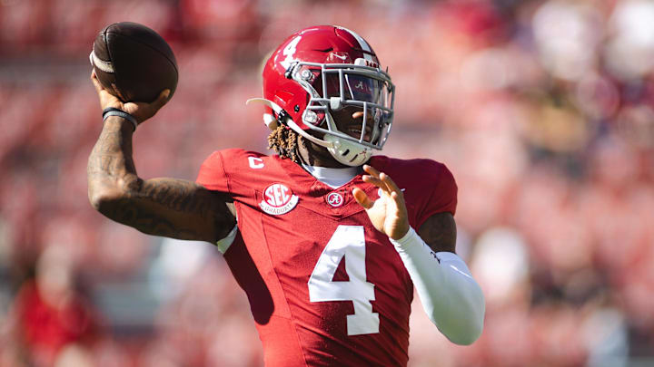 Nov 16, 2024; Tuscaloosa, Alabama, USA; Alabama Crimson Tide quarterback Jalen Milroe (4) prepares to throw during warmups prior to a game against Mercer Bears at Bryant-Denny Stadium. Mandatory Credit: Will McLelland-Imagn Images