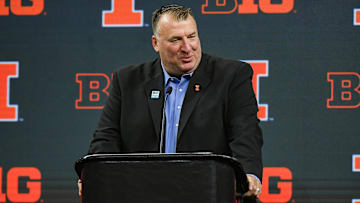 Jul 26, 2023; Indianapolis, IN, USA;  Illinois Fighting Illini head coach Bret Bielema speaks to the media during Big 10 football media days at Lucas Oil Stadium. Mandatory Credit: Robert Goddin-Imagn Images