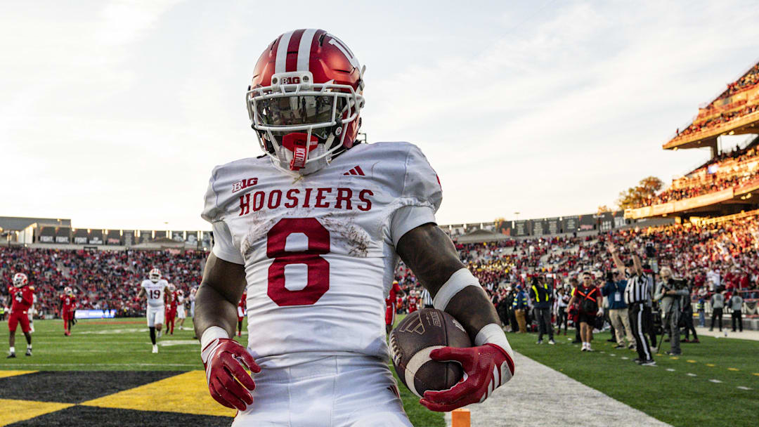 Nov 1, 2025; College Park, Maryland, USA;  Indiana Hoosiers running back Kaelon Black (8) reacts after scoring a touchdown during the second half against the Maryland Terrapins at SECU Stadium. Mandatory Credit: Tommy Gilligan-Imagn Images