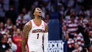 Jan 27, 2025; Tucson, Arizona, USA; Arizona Wildcats guard Caleb Love (1) celebrates a dunk he made during the first half against the Iowa State Cyclones at McKale Center. Mandatory Credit: Aryanna Frank-Imagn Images