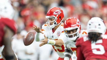 Aug 9, 2025; Glendale, Arizona, USA; Kansas City Chiefs quarterback Patrick Mahomes (15) against the Arizona Cardinals during a preseason NFL game at State Farm Stadium. Mandatory Credit: Mark J. Rebilas-Imagn Images