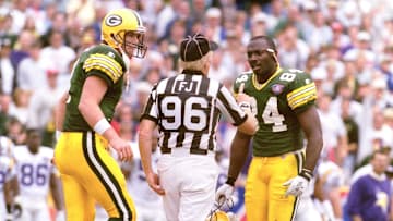 Green Bay Packers quarterback Brett Favre (4) and wide receiver Sterling Sharpe (84)  argue with field judge Don Hanks. The Green Bay Packers defeated the Minnesota Vikings 16-10 on Sept. 4, 1994, at Lambeau Field in Green Bay, Wis.

Gpg Throwback Packers Vs Vikings 11052022 0006