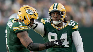 Green Bay Packers' Karl Brooks with Micah Parsons on the field in their win over the Detroit Lions at Lambeau Field.