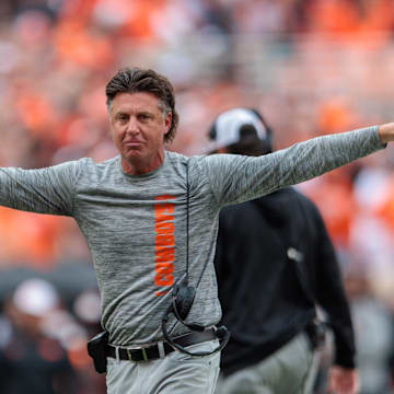 Oklahoma State Cowboys coach Mike Gundy reacts after a call during the second quarter against the Arizona State Sun Devils at Boone Pickens Stadium. 